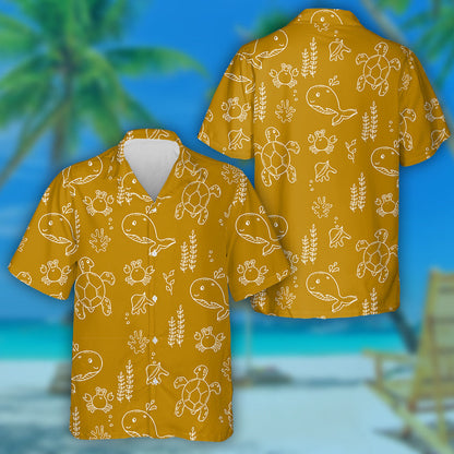 Sea Life Mustard Turtle And Jungle Hawaiian Shirt,Hawaiian Shirt Gift, Christmas Gift
