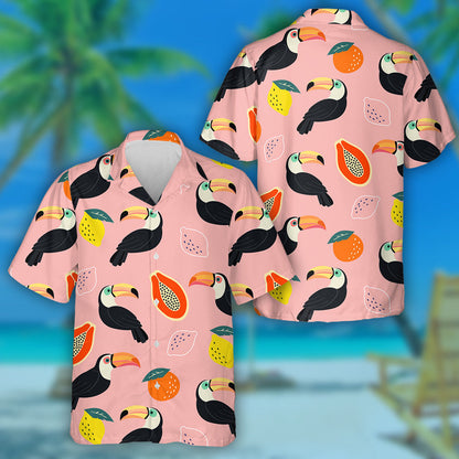 Cute Bird Parrot With Papaya And Lemon Hawaiian Shirt, Hawaiian Shirt Gift, Christmas Gift