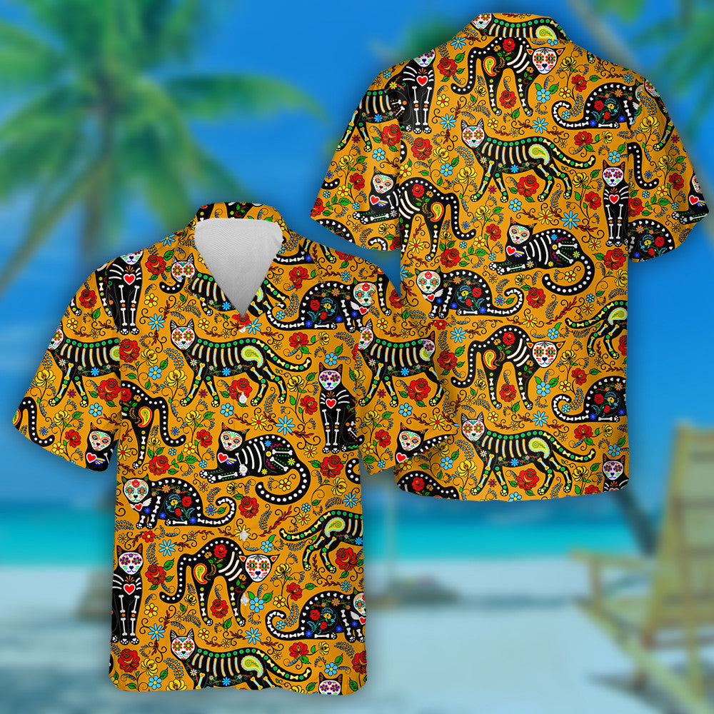 Calavera Siúcra Cloigeann Cat Dubh I Stíl Mheicsiceo Léine Haváís, Bronntanas Léine Haváíais, Bronntanas Nollag