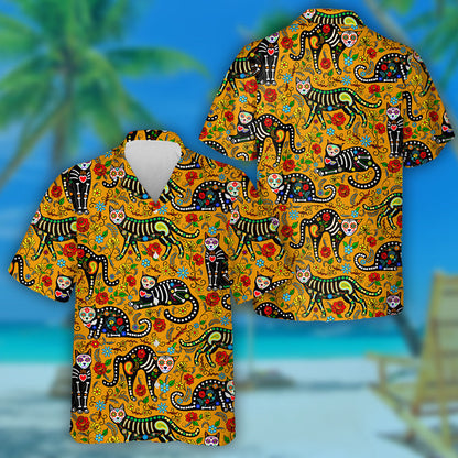 Calavera Siúcra Cloigeann Cat Dubh I Stíl Mheicsiceo Léine Haváís, Bronntanas Léine Haváíais, Bronntanas Nollag