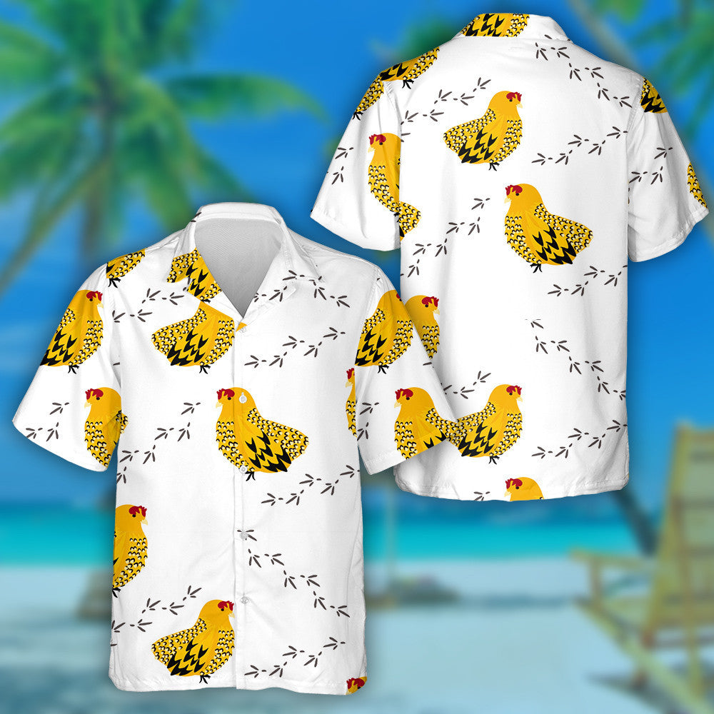 Funny Yellow Chicken Hen Seeing Footprint Hawaiian Shirt, Hawaiian Shirt Gift, Christmas Gift