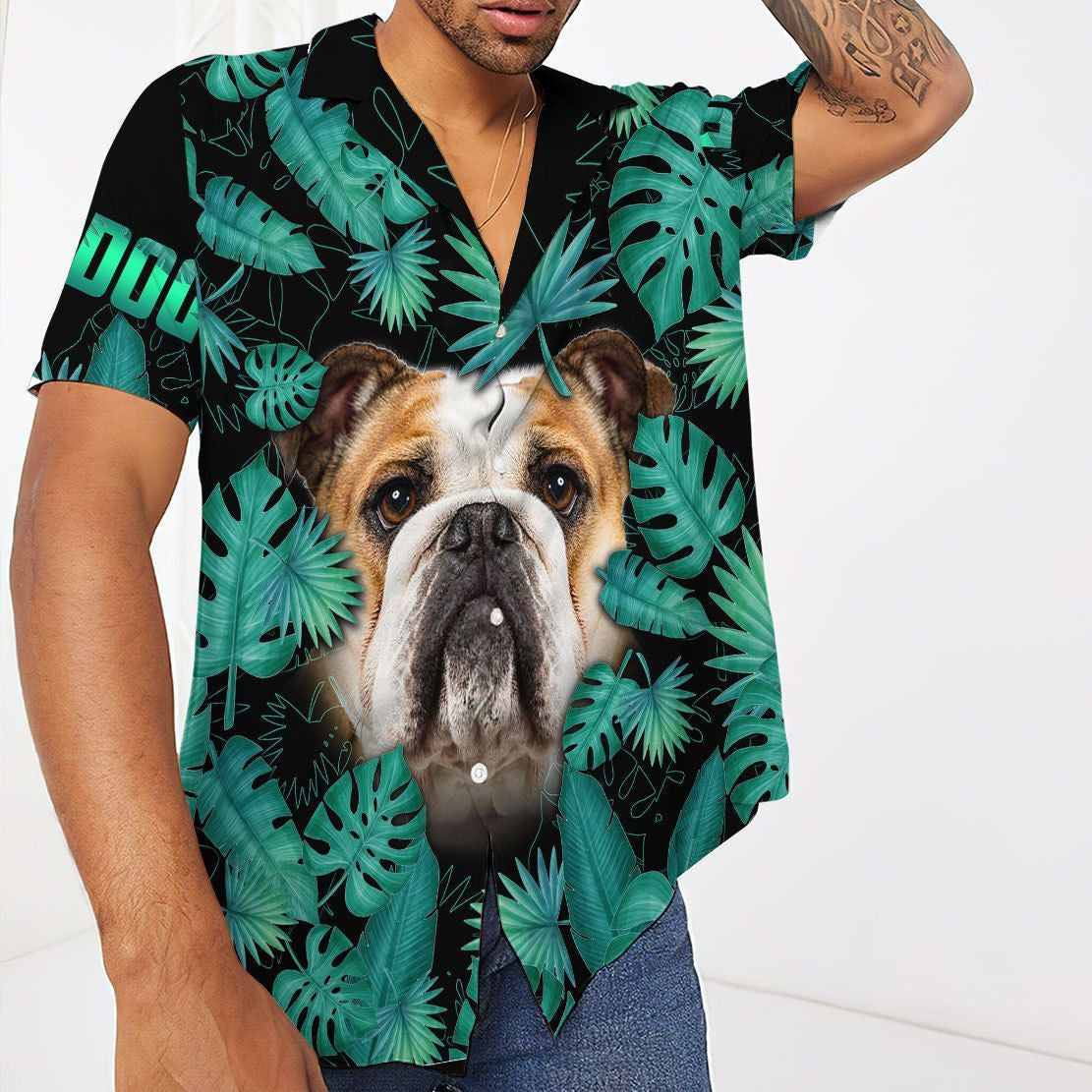 Face Of Bulldog In Palm Leaves Dramatic Hawaiian Shirt, Hawaiian Shirt Gift, Christmas Gift