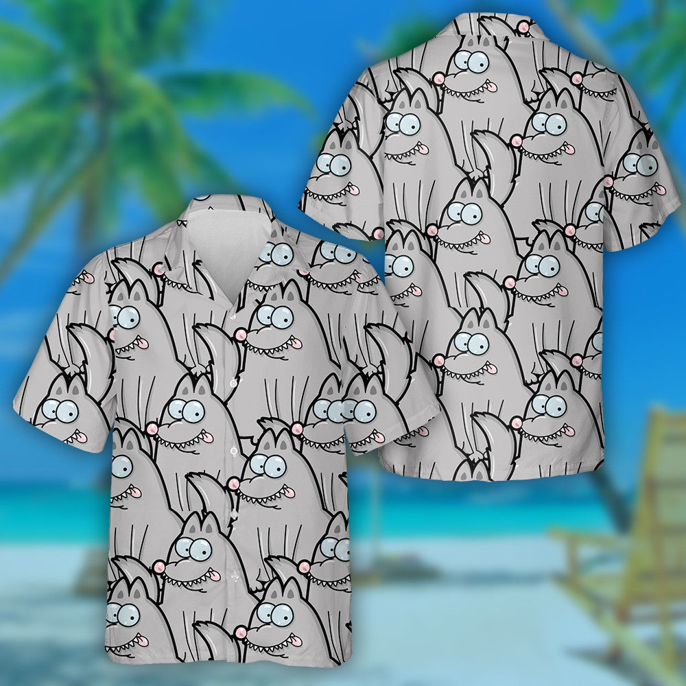 Cute Cartoon Style Face Grey Wolf Hawaiian Shirt, Hawaiian Shirt Gift, Christmas Gift