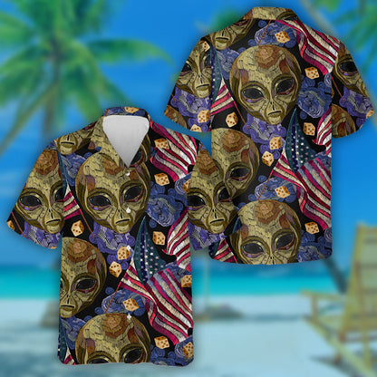 Patrún Bróidnéireachta Bratach Mheiriceá Rippled Ceann Eachtrannach Creepy Léine haváíais, Bronntanas Léine Haváíais, Bronntanas Nollag