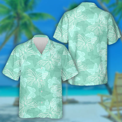 Beautiful White And Green Butterflies On Green Hawaiian Shirt, Hawaiian Shirt Gift, Christmas Gift