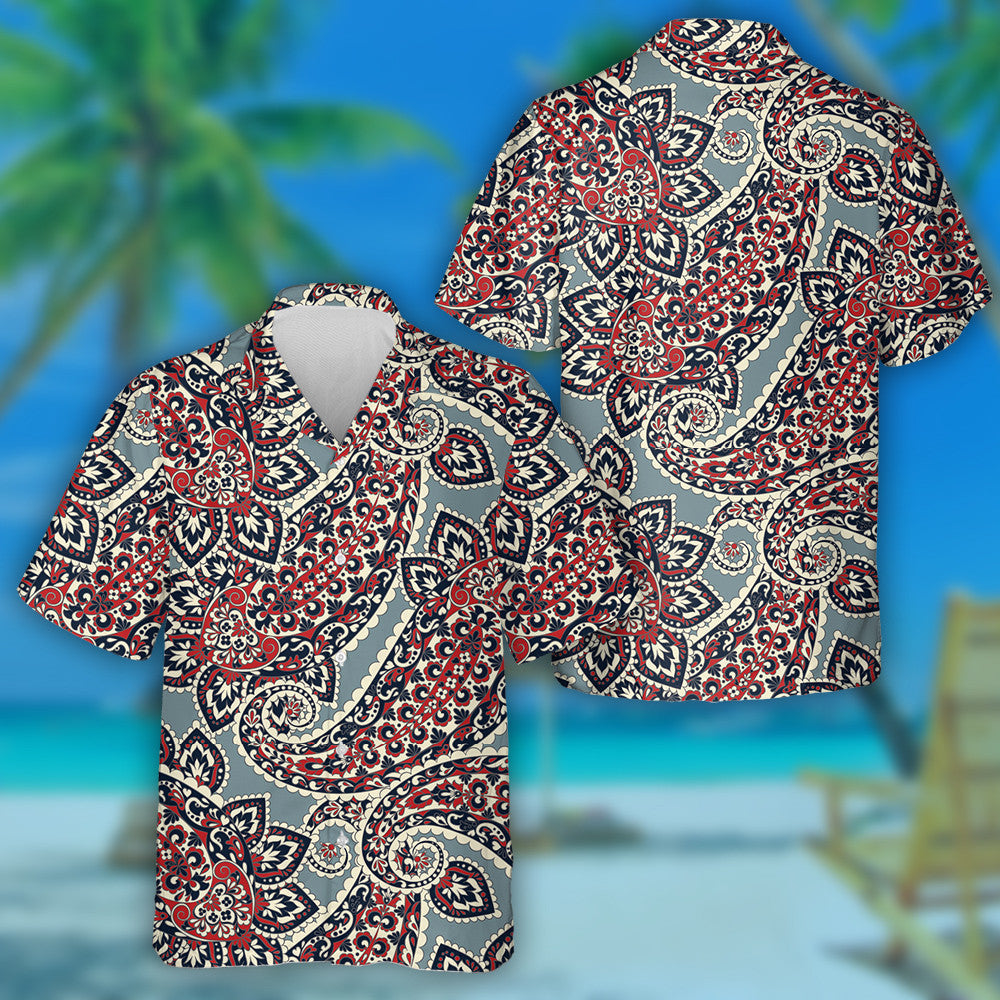 Patrún Paisley Traidisiúnta Dubh agus Dearg Lámhtharraingthe Léine Haváís, Bronntanas Léine Haváíais, Bronntanas Nollag