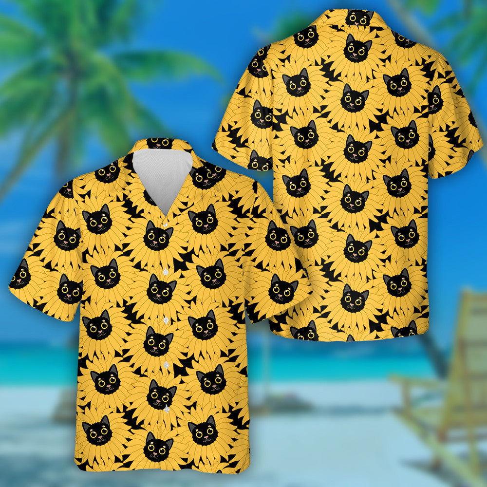 Baby Black Cat Sunflowers Cartoon Pattern Hawaiian Shirt, Hawaiian Shirt Gift, Christmas Gift