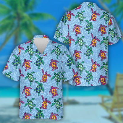 Ocean Turtles Blue Ethnic Hand Drawn Hawaiian Shirt,Hawaiian Shirt Gift, Christmas Gift