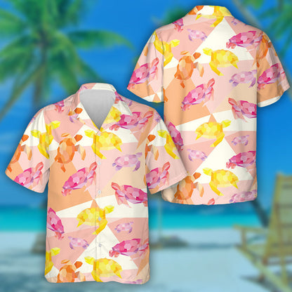 Cute Colorful Sweet Turtle On Geometric Background Hawaiian Shirt, Hawaiian Shirt Gift, Christmas Gift