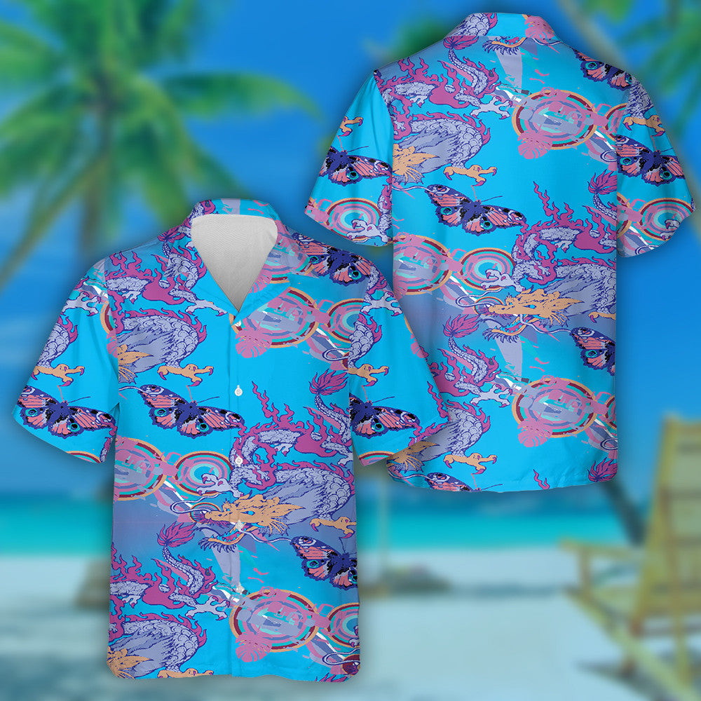Asian Dragon And Butterfly Vintage Style Hawaiian Shirt, Hawaiian For Gift