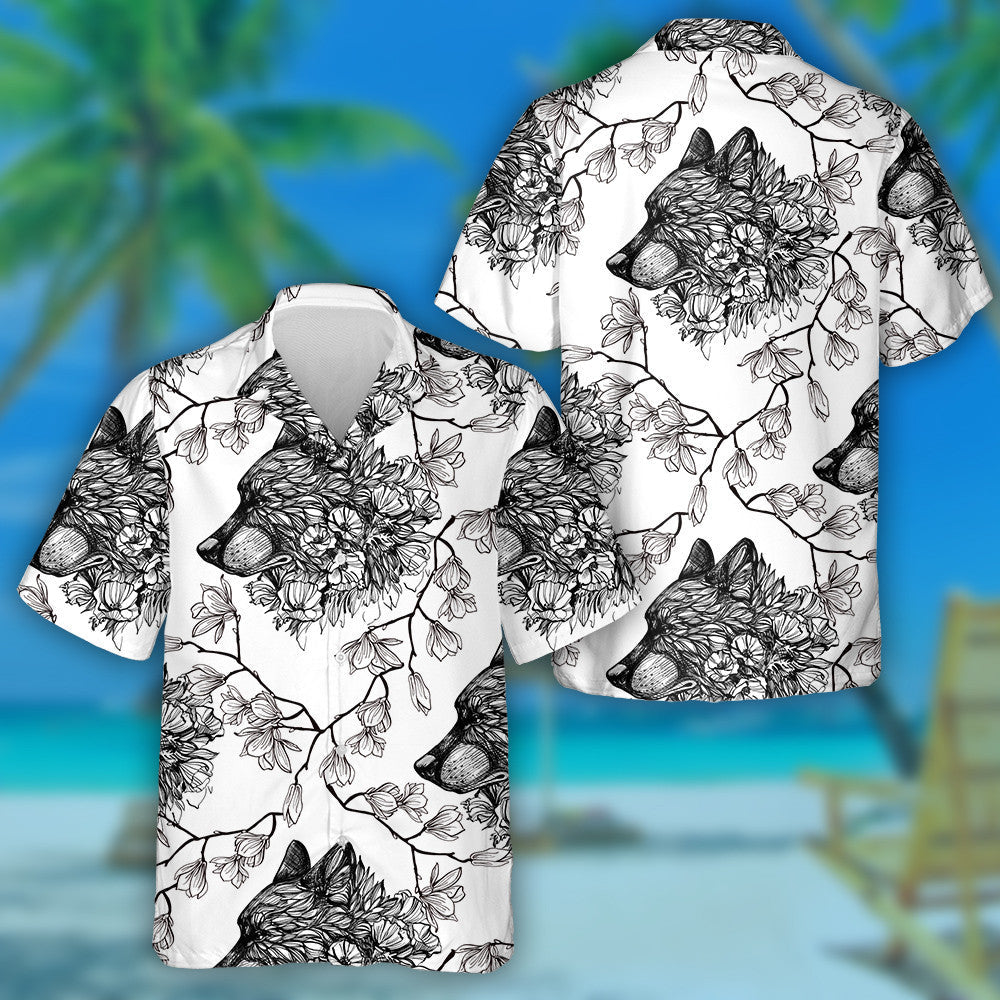 Nature Flowers And Black Wolfs Head Hawaiian Shirt,Hawaiian Shirt Gift, Christmas Gift