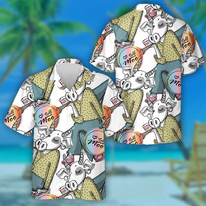 Pretty White Cow With Bow Doodle Style Hawaiian Shirt, Hawaiian Shirt Gift, Christmas Gift