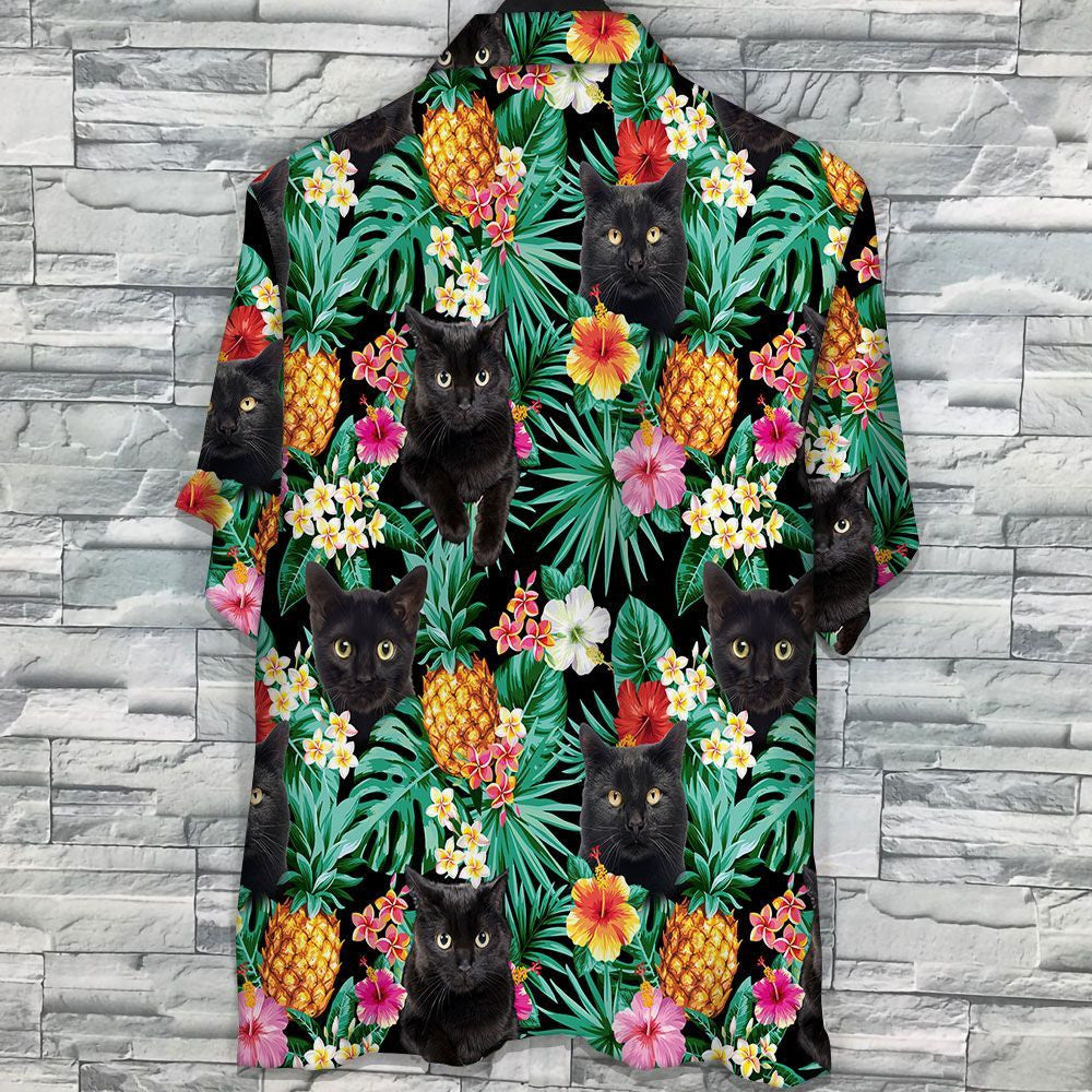 Pineapple Coimhthíocha Aloha Le Duilleoga Cat Dubh Patrún Léine Haváís, Bronntanas Léine Haváís, Bronntanas Nollag