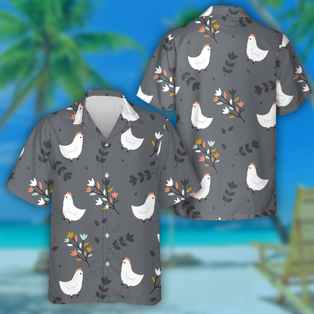 Cute Cartoon White Chicken With Leaf Branches Hawaiian Shirt, Hawaiian Shirt Gift, Christmas Gift