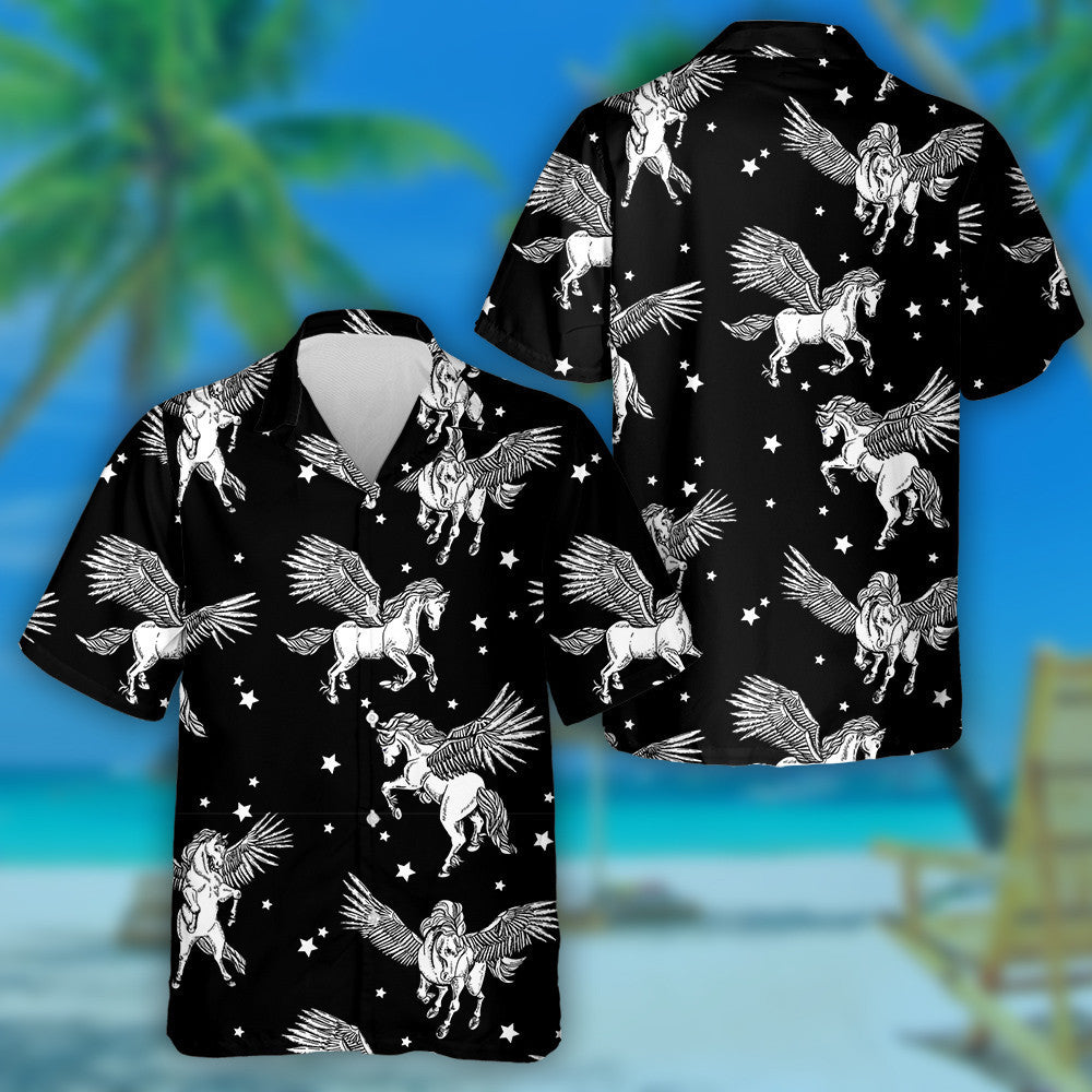 White Winged Pegasus Horses On Black Background Hawaiian Shirt, Hawaiian Shirt Gift, Christmas Gift