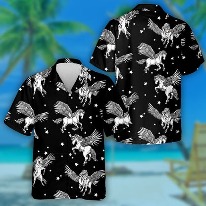 White Winged Pegasus Horses On Black Background Hawaiian Shirt, Hawaiian Shirt Gift, Christmas Gift