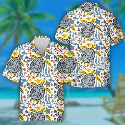 Sealife Striped Background Cute Turtle Cartoon Hawaiian Shirt, Hawaiian Shirt Gift, Christmas Gift