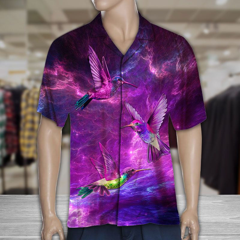 Beautiful Hummingbird On Purple Galaxy Sky Themed Hawaiian Shirt, Hawaiian Shirt Gift, Christmas Gift