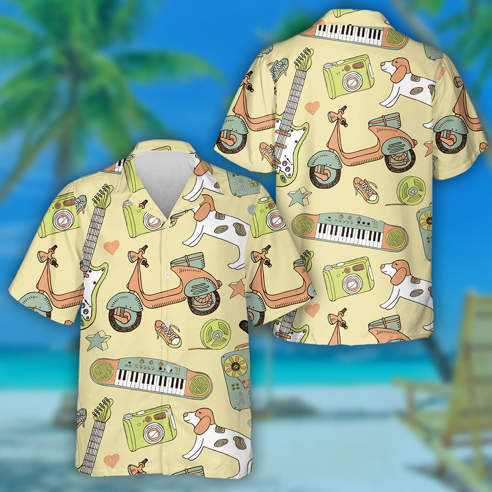 Cute Beagle Dog Guitars And Motorcycles Hawaiian Shirt,Hawaiian Shirt Gift, Christmas Gift