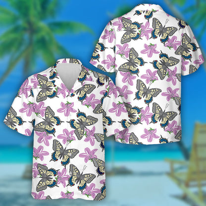 Beautiful Flying Butterflies And Purple Flower Hawaiian Shirt, Hawaiian For Gift