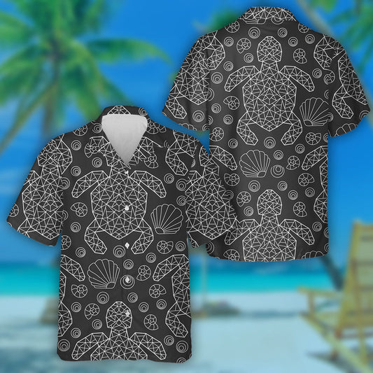 Light Contour Geometric Turtles And Seashells Hawaiian Shirt, Hawaiian For Gift
