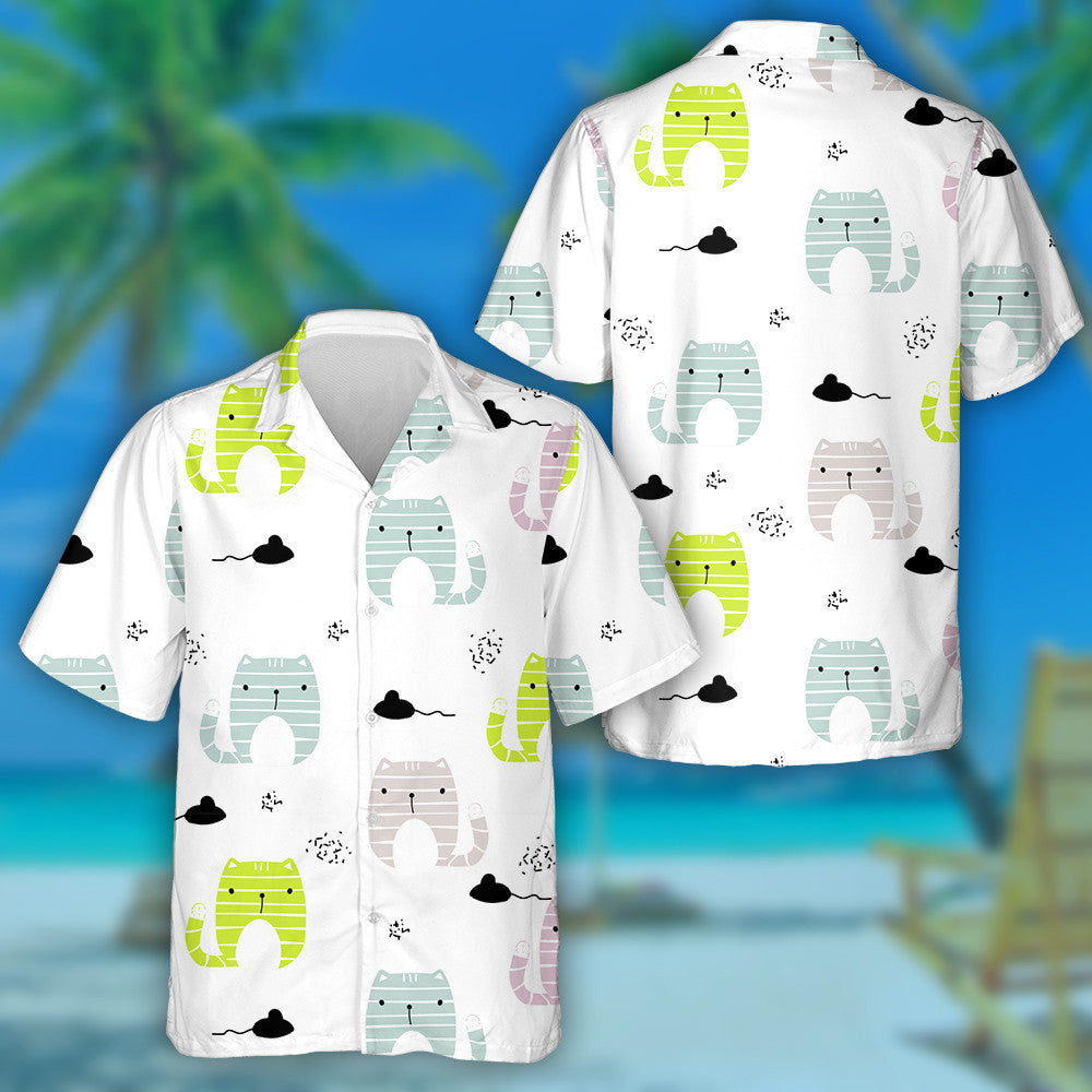 Funny Cat And Black Mouse On White Hawaiian Shirt, Hawaiian Shirt Gift, Christmas Gift
