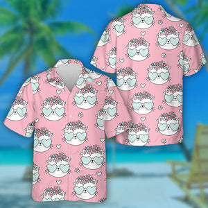 Pink Cat And Flower In Head Hawaiian Shirt,Hawaiian Shirt Gift, Christmas Gift