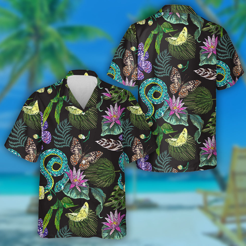 Hand Drawn Butterflies Snake And Tropical Flowers Hawaiian Shirt, Hawaiian Shirt Gift, Christmas Gift