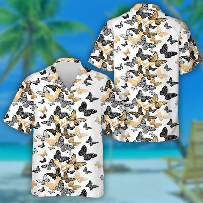 Féileacáin Buí Agus Dubha ar Chúlra Bán Léine Haváís, Bronntanas Léine Haváíais, Bronntanas Nollag