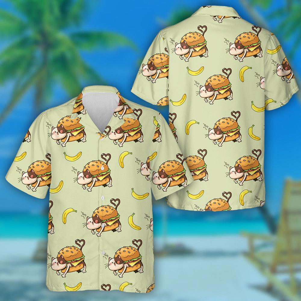 Cat Hamburger Agus Banana Cartún ar Chúlra Glas Léine Haváís, Bronntanas Léine Haváíais, Bronntanas Nollag