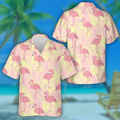 Flamingo Are Prinking On Yellow Tropical Tree Hawaiian Shirt, Hawaiian Shirt Gift, Christmas Gift