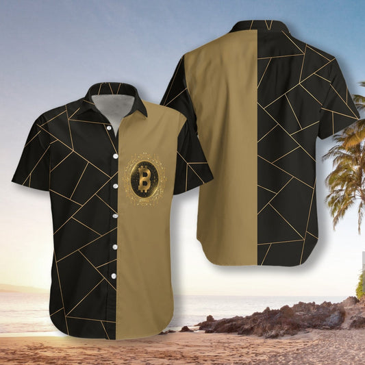 Dearadh Vintage Golden Bitcoin Cryptocurrency Léine Haváís, Hwaiian Do Bronntanais