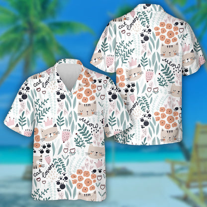 Cute Hand Drawn Cats And Florals Hawaiian Shirt,Hawaiian Shirt Gift, Christmas Gift