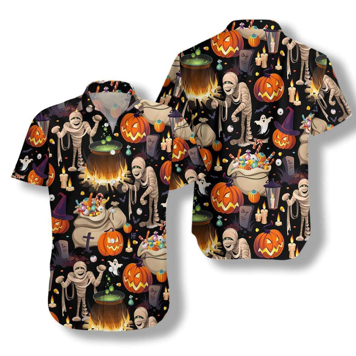Halloween Mummy And Bags Of Sweets Pattern Hawaiian Shirt, Hawaiian Shirt Gift, Christmas Gift