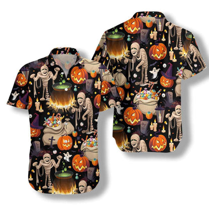 Halloween Mummy And Bags Of Sweets Pattern Hawaiian Shirt, Hawaiian Shirt Gift, Christmas Gift