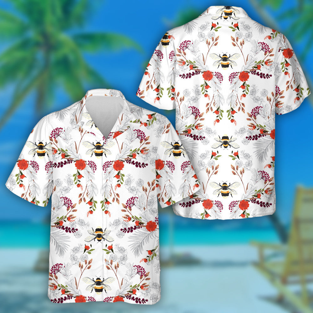Natural Summer Botanical Blooming Garden And Bees Hawaiian Shirt, Hawaiian Shirt Gift, Christmas Gift