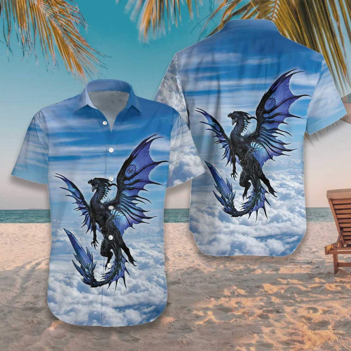 Blue Dragon On Blue Sky Pattern Hawaiian Shirt, Hawaiian For Gift