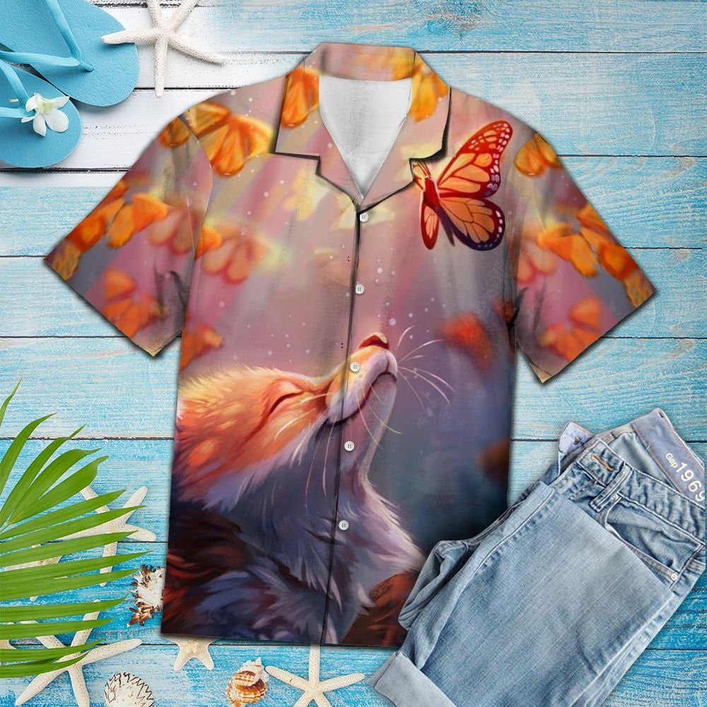 Charming Fox With Butterflies Design Hawaiian Shirt, Hawaiian For Gift