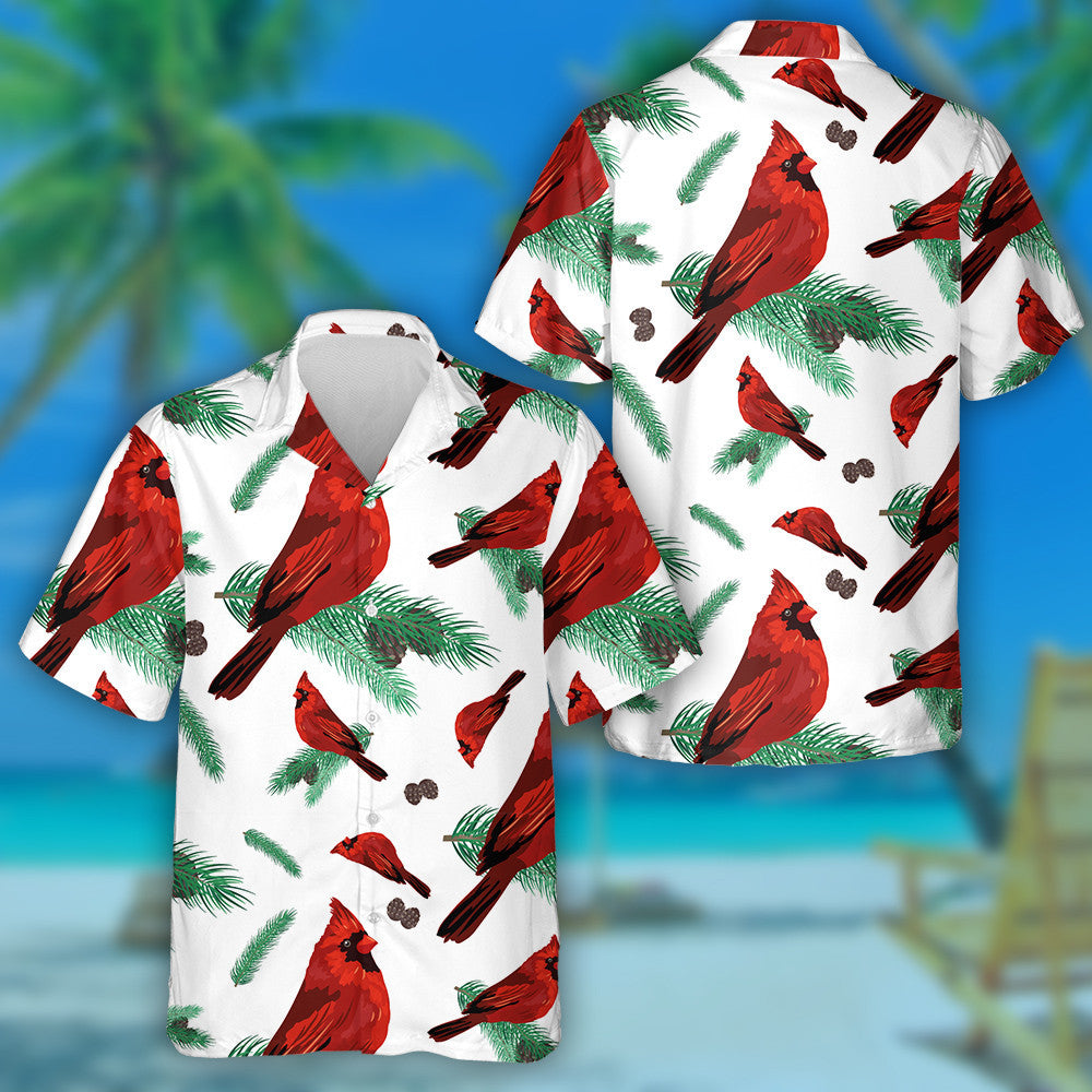 Red Cardinal Bird And Fir Tree Branch Hawaiian Shirt, Hawaiian Shirt Gift, Christmas Gift
