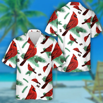 Red Cardinal Bird And Fir Tree Branch Hawaiian Shirt, Hawaiian Shirt Gift, Christmas Gift