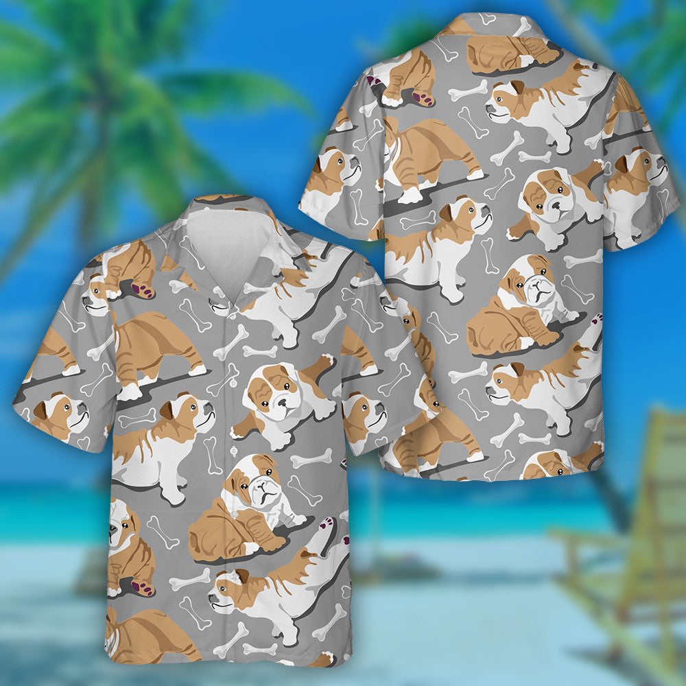 Cute Bulldog Puppies With Bones On Gray Hawaiian Shirt, Hawaiian Shirt Gift, Christmas Gift