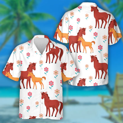 Cartoon Style With Wild Horses And Their Cubs Hawaiian Shirt, Hawaiian Shirt Gift, Christmas Gift