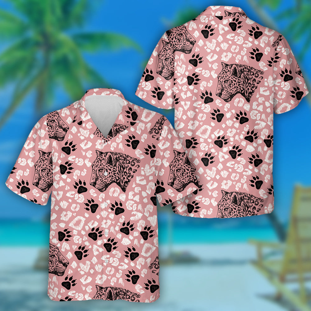 The Head Of Leopard And Paw On Pink Background Hawaiian Shirt, Hawaiian Shirt Gift, Christmas Gift