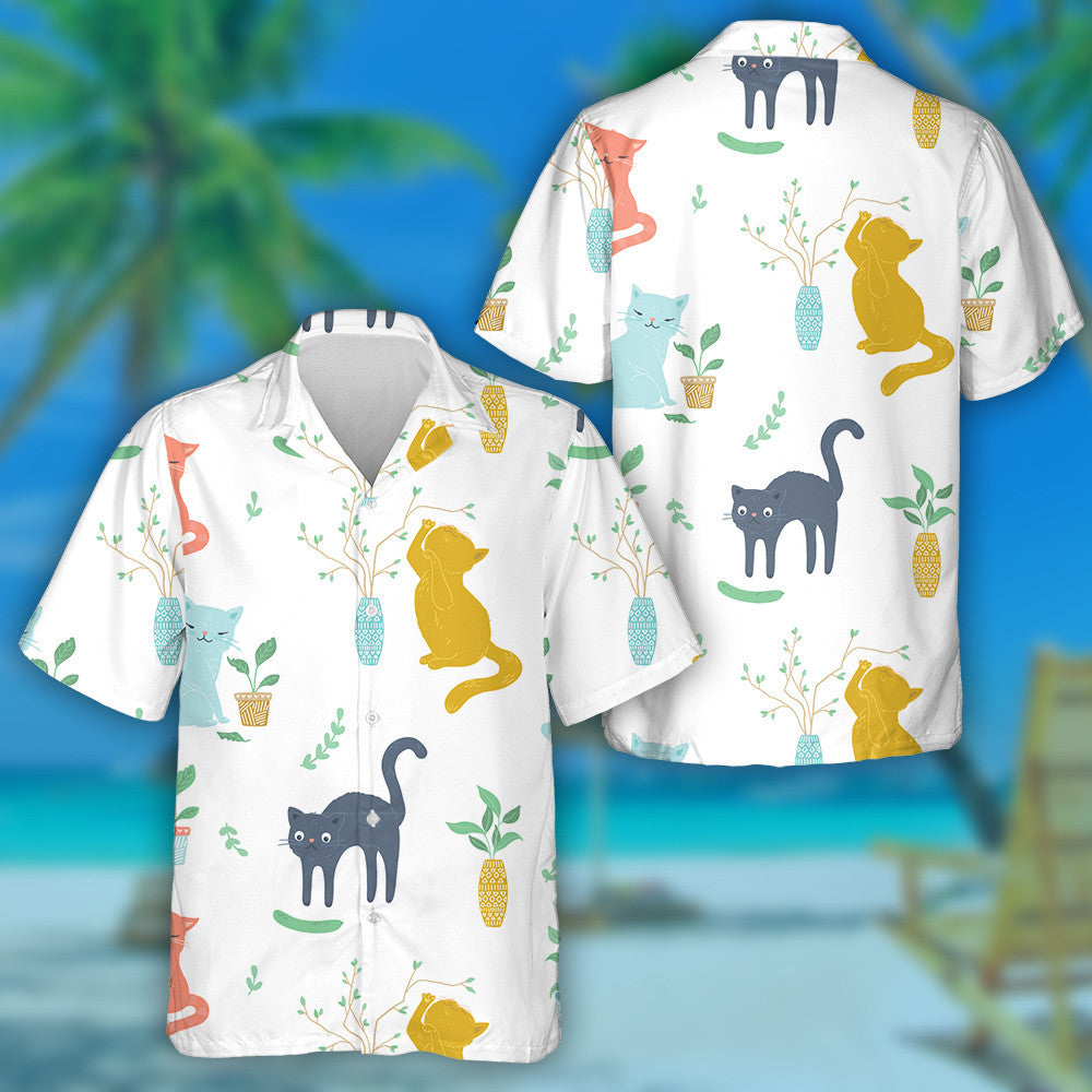 Simple Funny Cats And Plants On White Hawaiian Shirt, Hawaiian Shirt Gift, Christmas Gift