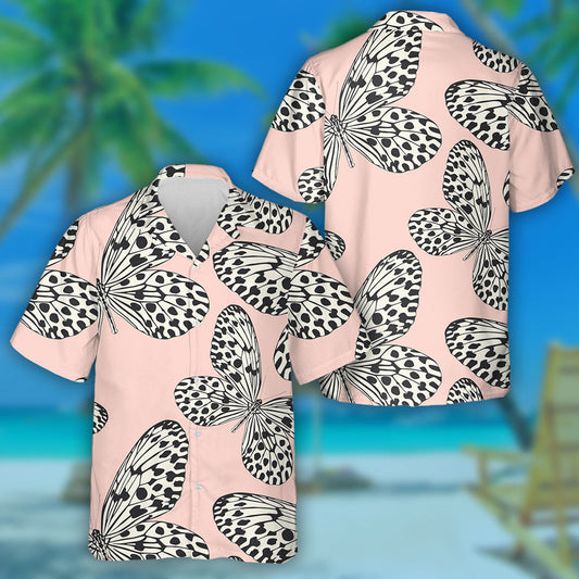Black And White Butterfly On Pink Hawaiian Shirt, Hawaiian For Gift