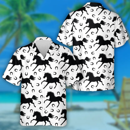 Black Galloping Horses And Horseshoes On White Hawaiian Shirt, Hawaiian Shirt Gift, Christmas Gift