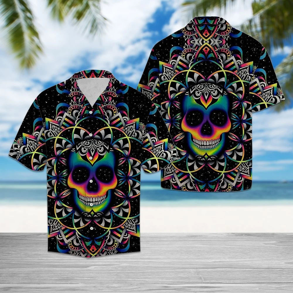 Psychedelic Skull Face In Black Hawaiian Shirt,Hawaiian Shirt Gift, Christmas Gift