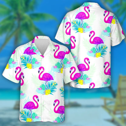 Flamingo With Tropical Leaves On WHite Background Hawaiian Shirt, Hawaiian Shirt Gift, Christmas Gift