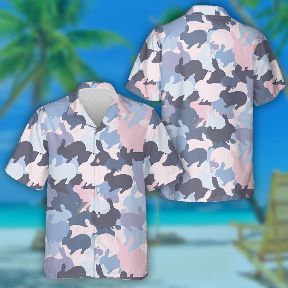 Pastel Multicolored Cute Rabbits Bunnies Camo Pattern Hawaiian Shirt, Hawaiian Shirt Gift, Christmas Gift
