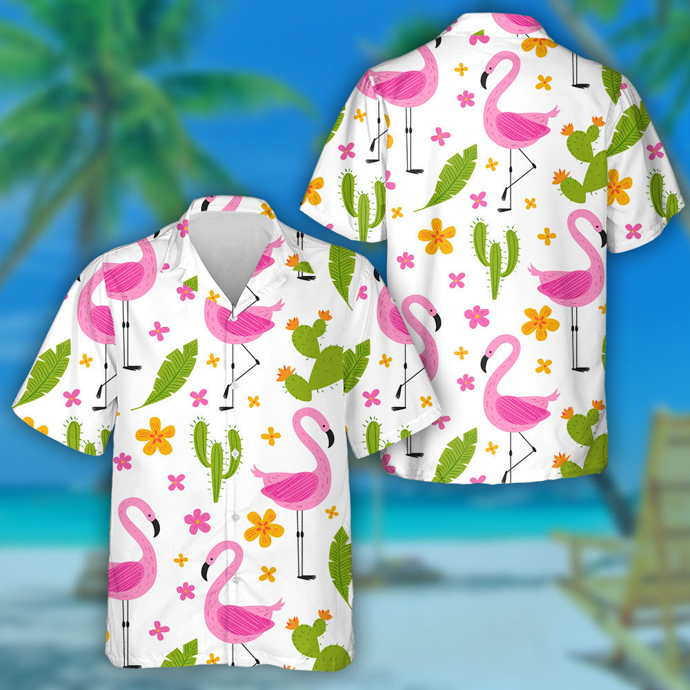 Pink Flamingo Flowers Palm Leaves And Cactus Hawaiian Shirt, Hawaiian Shirt Gift, Christmas Gift